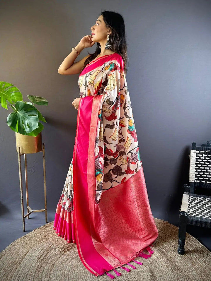 Cream Printed Banarasi Silk Saree with Pink Zari Border & Pallu
