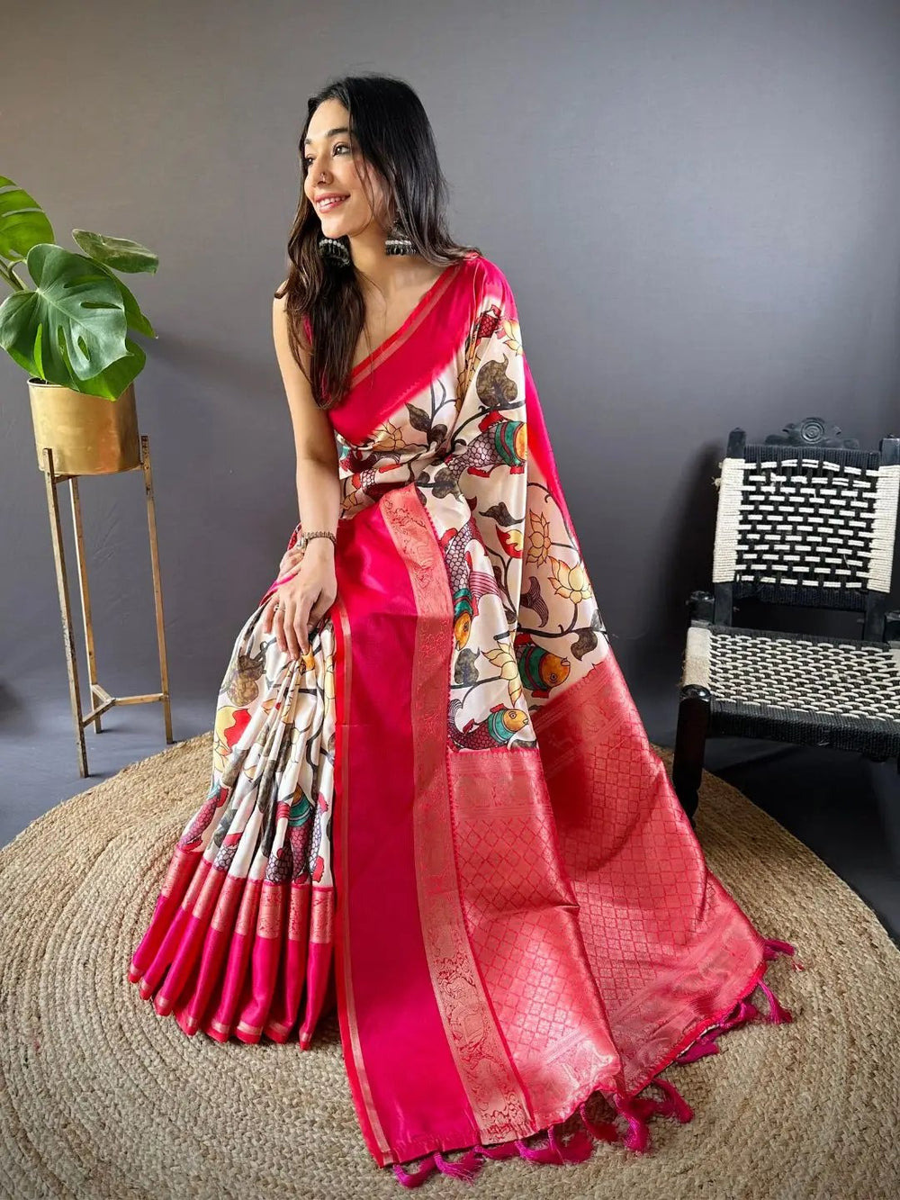 Cream Printed Banarasi Silk Saree with Pink Zari Border & Pallu