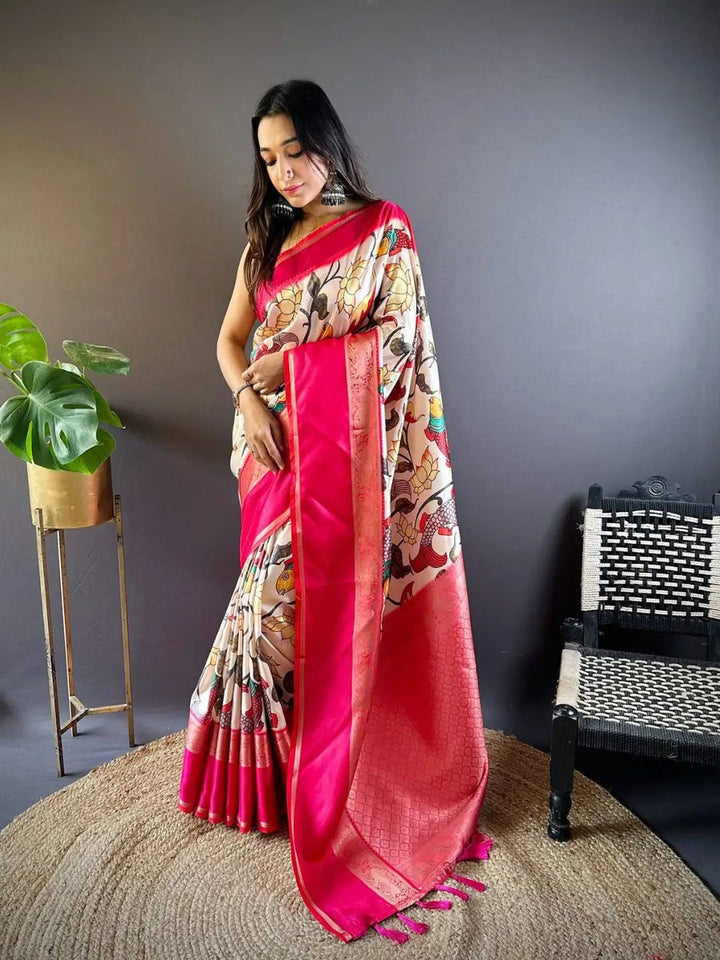 Cream Printed Banarasi Silk Saree with Pink Zari Border & Pallu