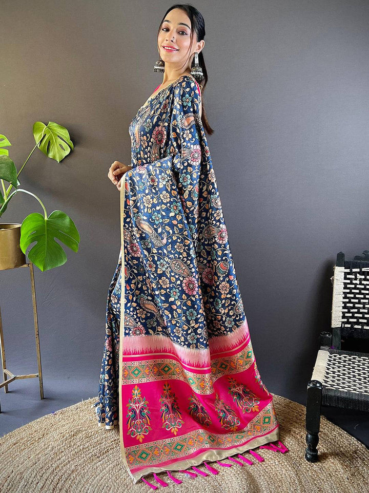 Navy Blue Banarasi Silk Saree with Floral Print & Pink Zari Pallu