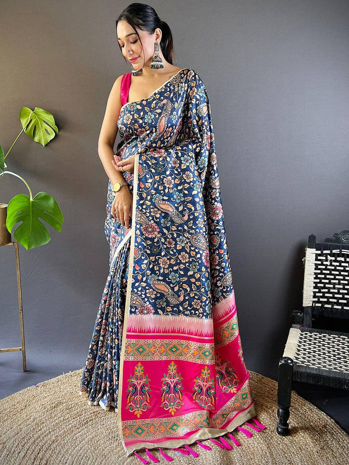 Navy Blue Banarasi Silk Saree with Floral Print & Pink Zari Pallu