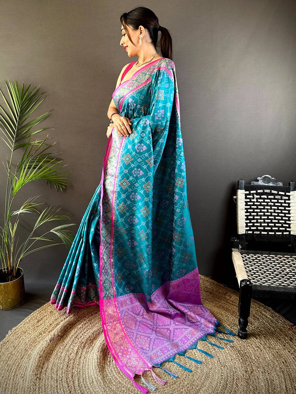 Teal Banarasi Silk Saree with Pink Border & Intricate Geometric Weaving