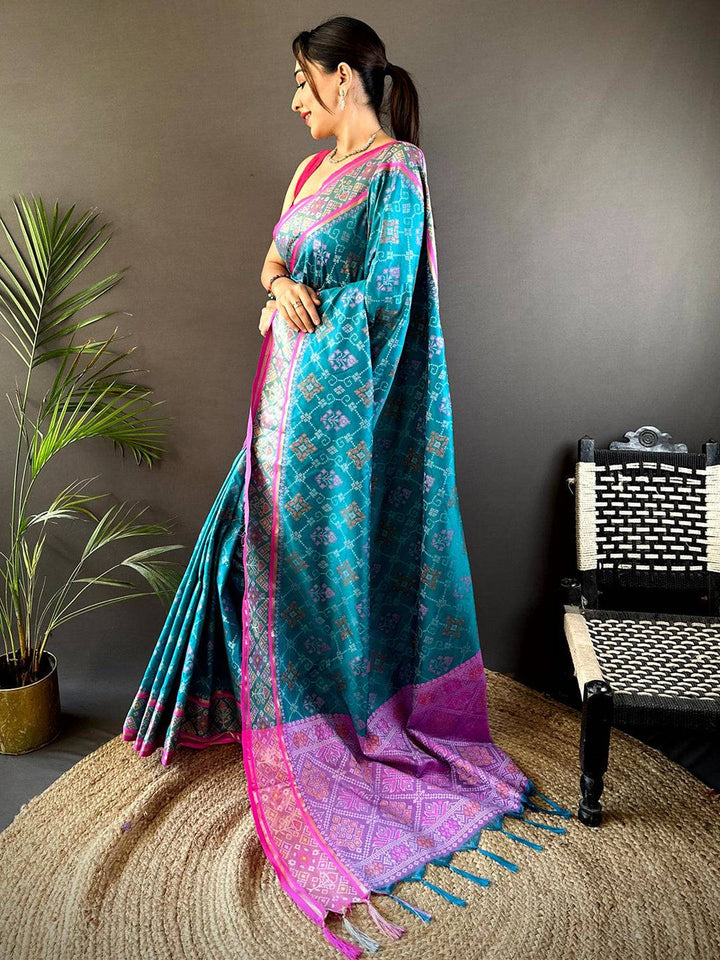 Teal Banarasi Silk Saree with Pink Border & Intricate Geometric Weaving