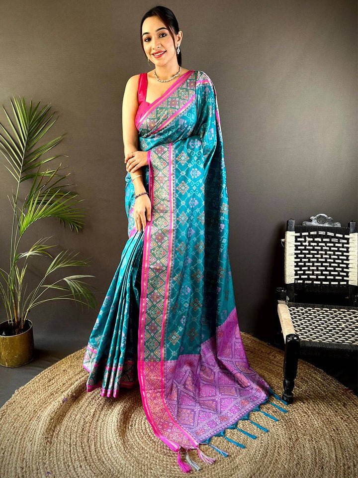 Teal Banarasi Silk Saree with Pink Border & Intricate Geometric Weaving
