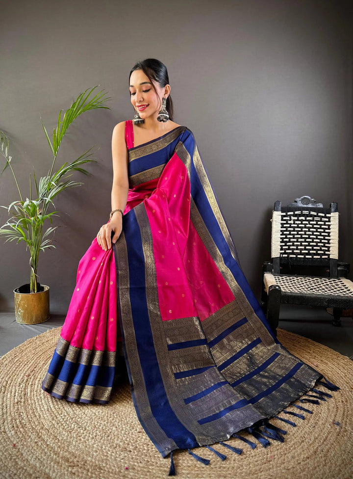Pink Banarasi Silk Saree with Navy Blue Zari Border & Small Butta