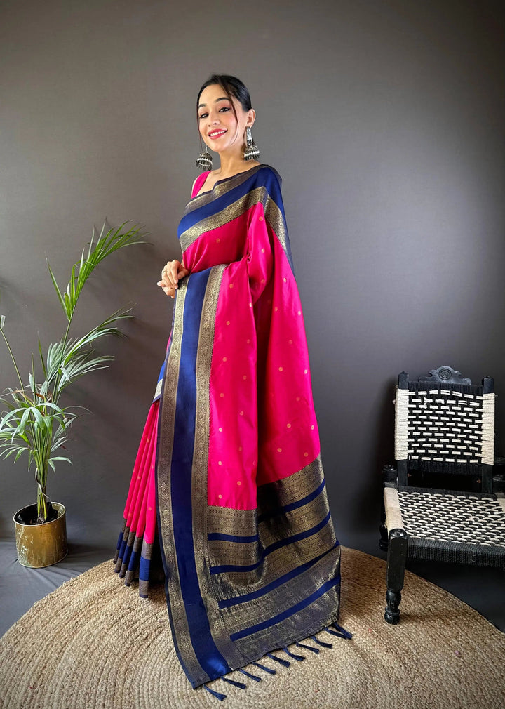 Pink Banarasi Silk Saree with Navy Blue Zari Border & Small Butta
