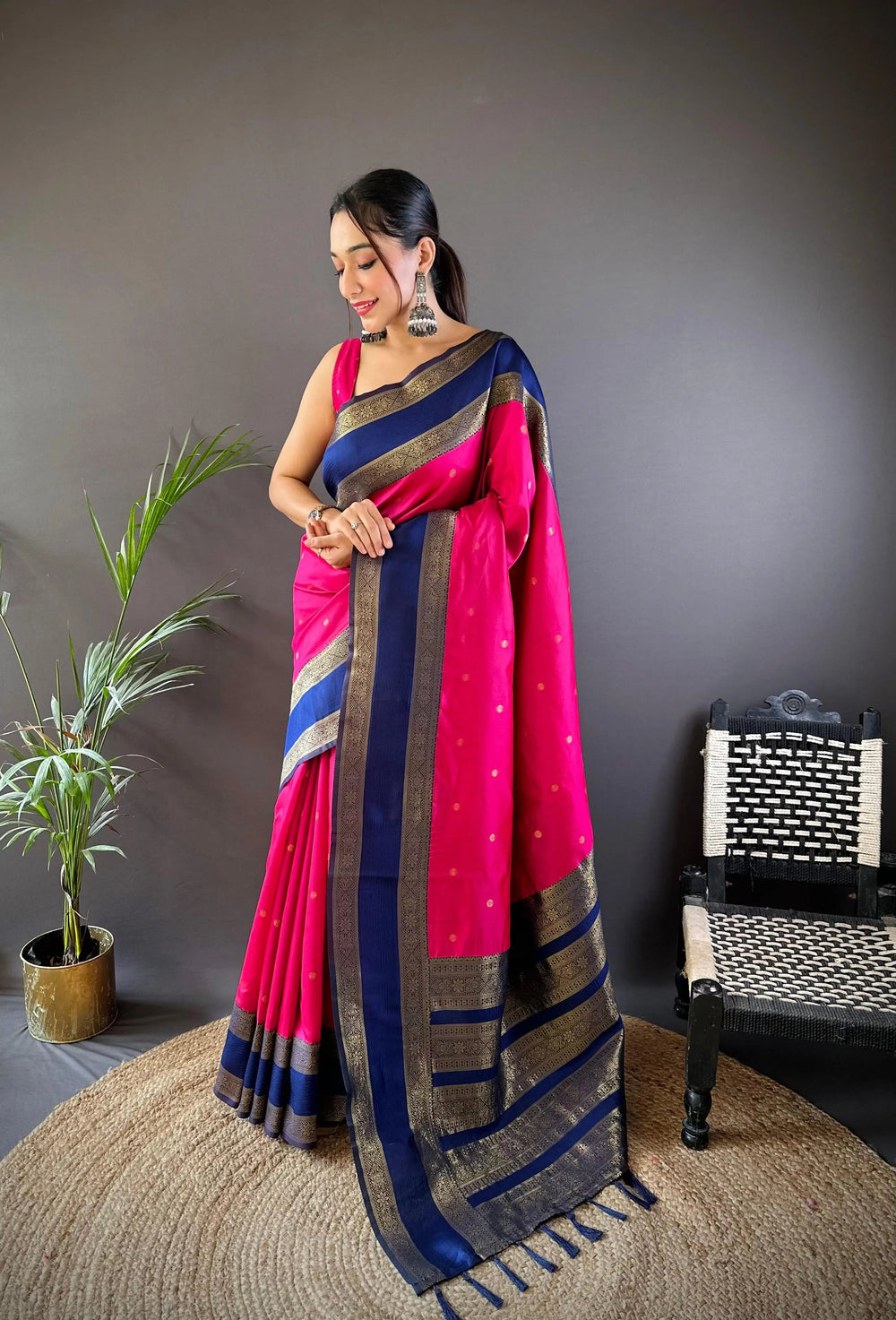 Pink Banarasi Silk Saree with Navy Blue Zari Border & Small Butta
