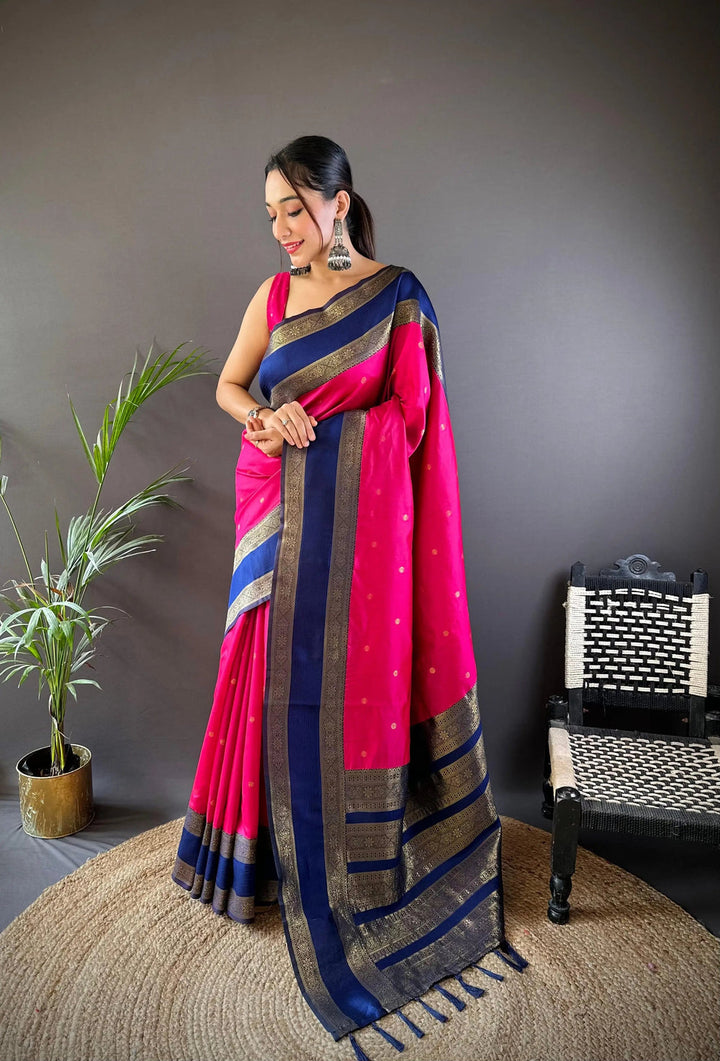 Pink Banarasi Silk Saree with Navy Blue Zari Border & Small Butta