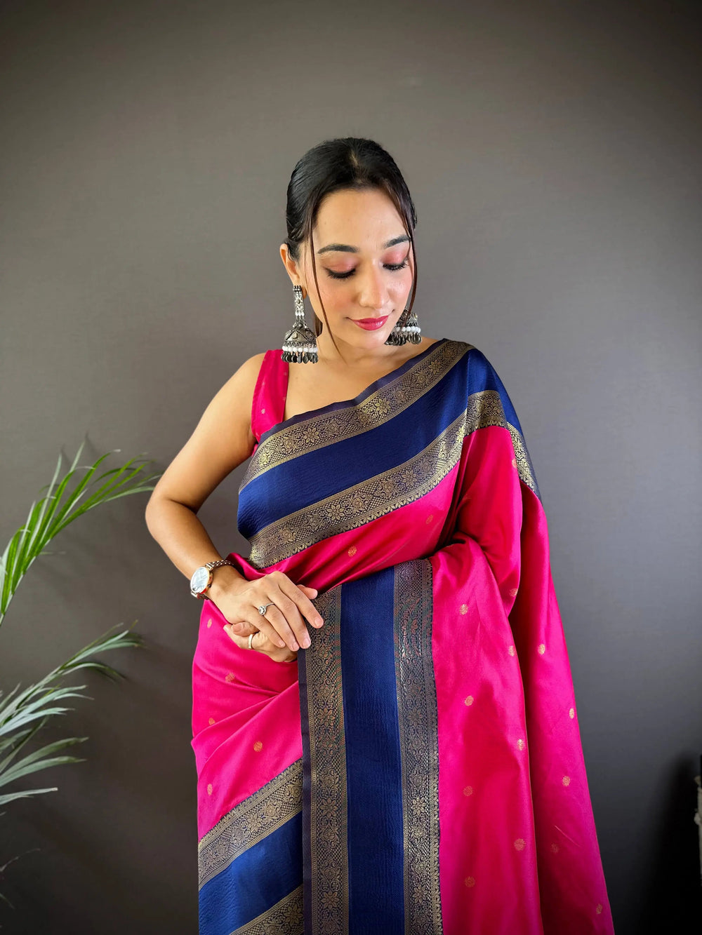 Pink Banarasi Silk Saree with Navy Blue Zari Border & Small Butta