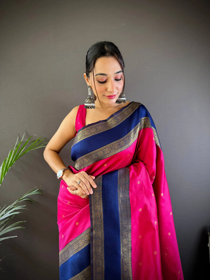 Pink Banarasi Silk Saree with Navy Blue Zari Border & Small Butta