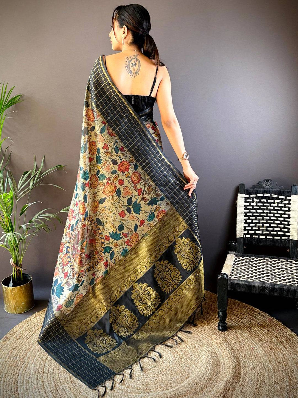 Black Banarasi Silk Saree with Floral Print & Gold Check Weaving