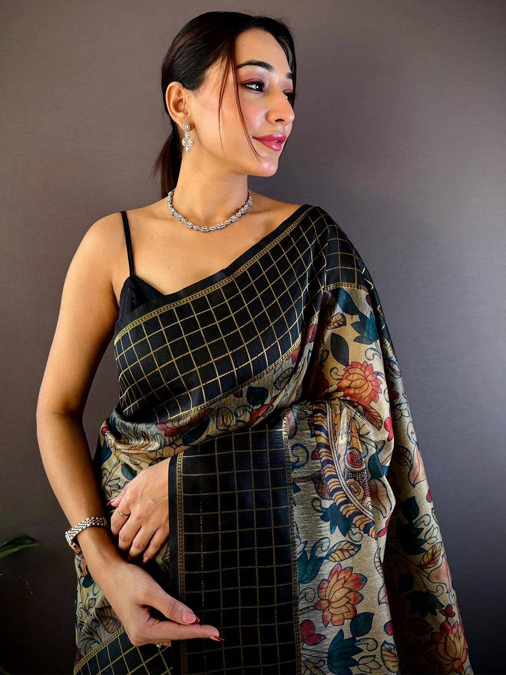 Black Banarasi Silk Saree with Floral Print & Gold Check Weaving