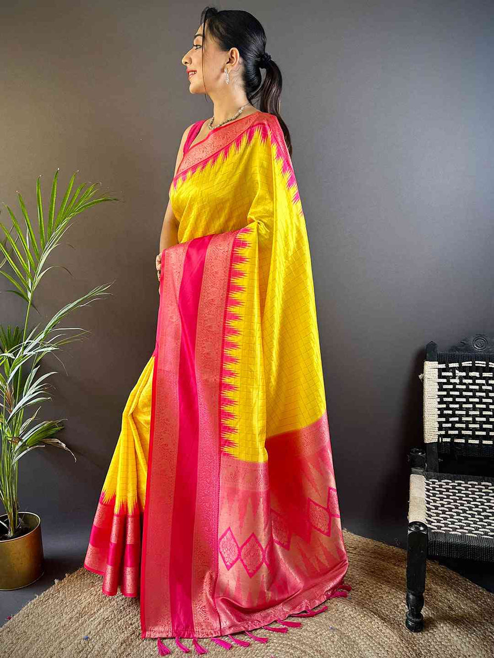 Yellow Banarasi Silk Saree with Pink Zari Border & Check Weaving