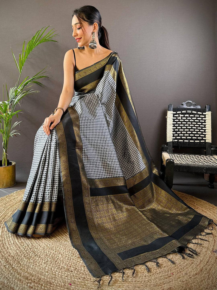 Black & Grey Banarasi Silk Saree with Gold Zari Border & Check Weaving