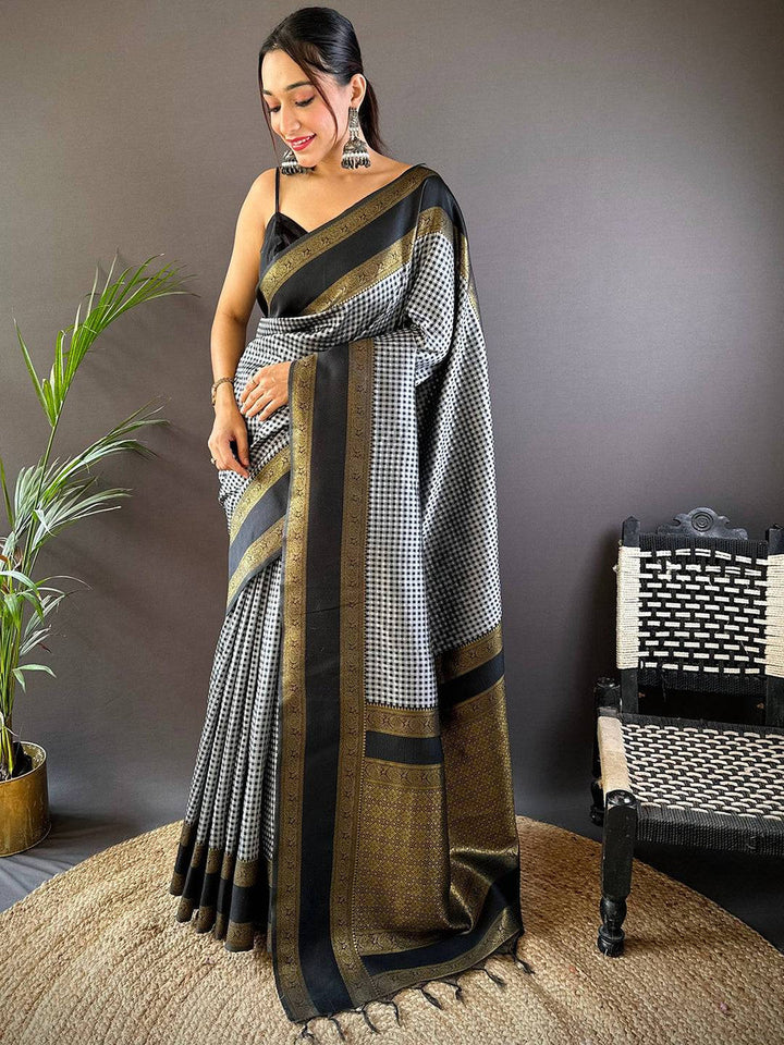 Black & Grey Banarasi Silk Saree with Gold Zari Border & Check Weaving