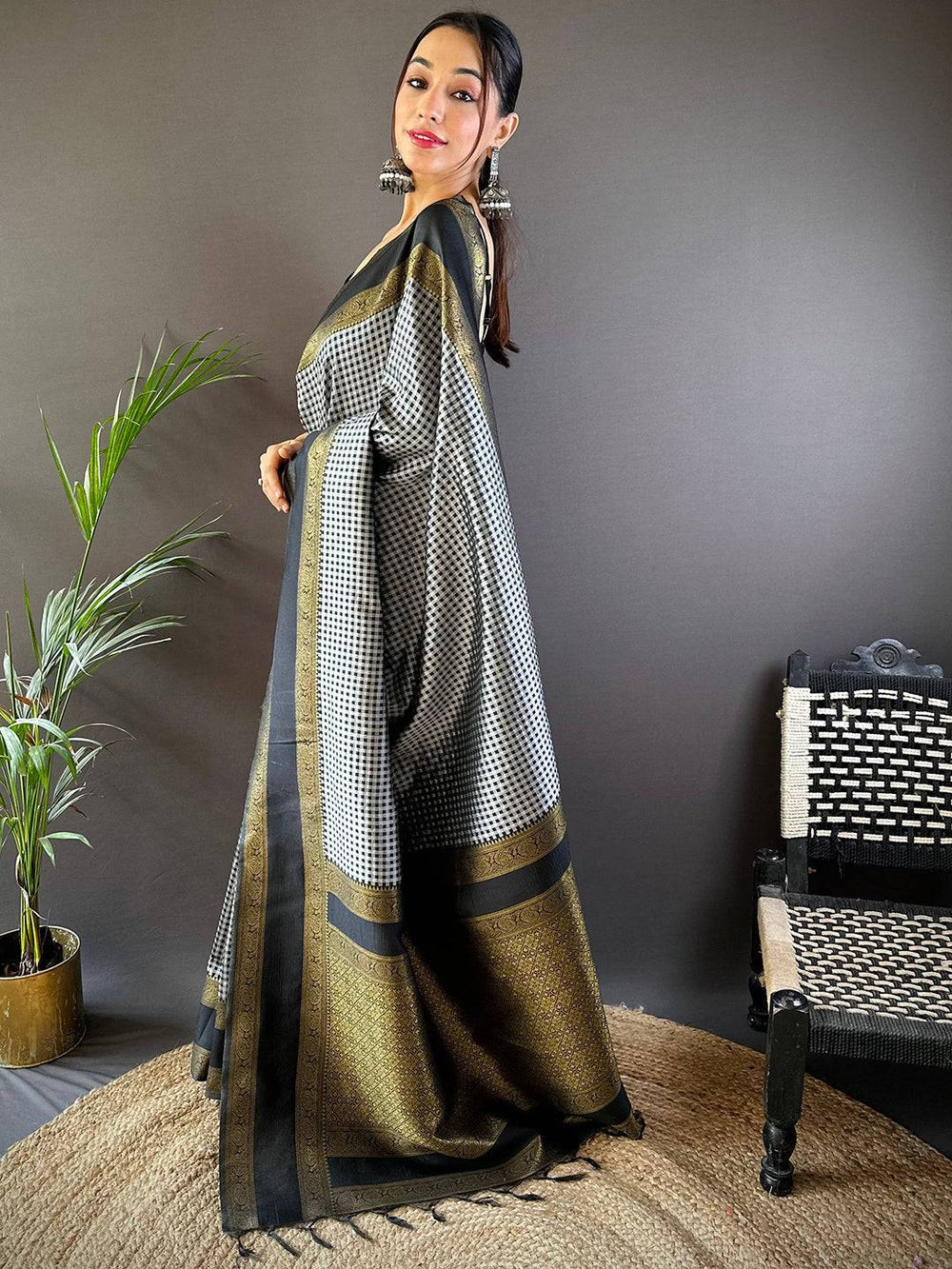 Black & Grey Banarasi Silk Saree with Gold Zari Border & Check Weaving
