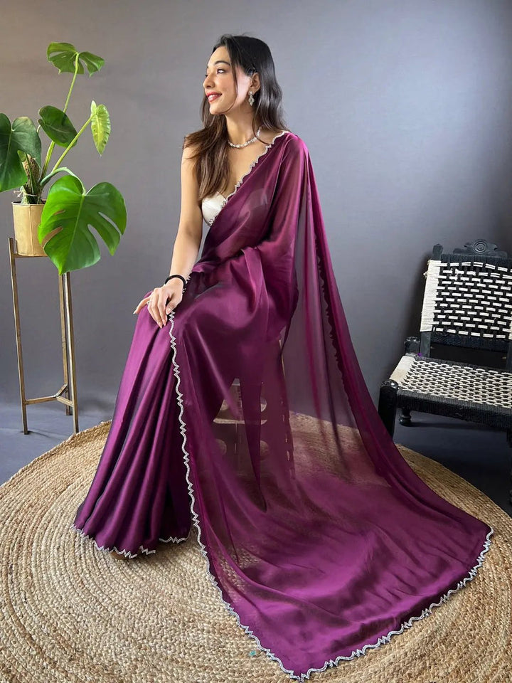 Wine Purple Organza Silk Saree with Scallop Border