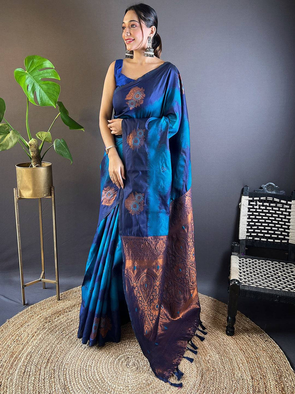 Navy Blue & Teal Soft Silk Saree with Copper Zari Weaving