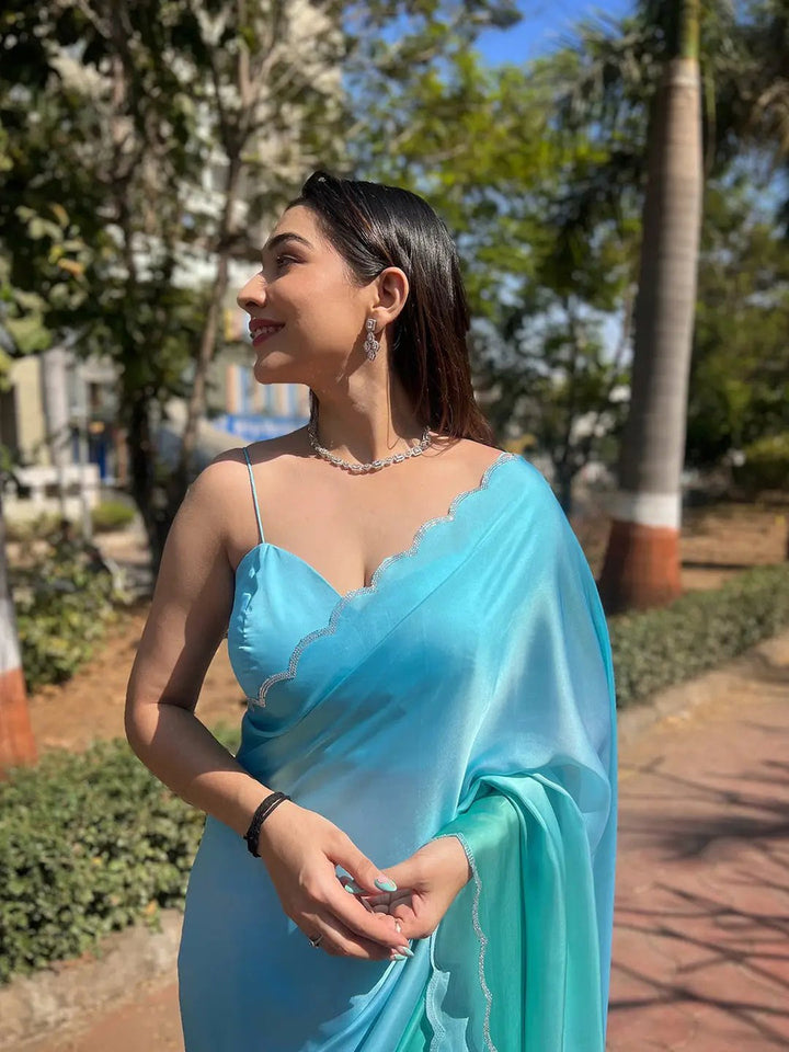 Aqua Blue Ombré Organza Saree with Scallop Border