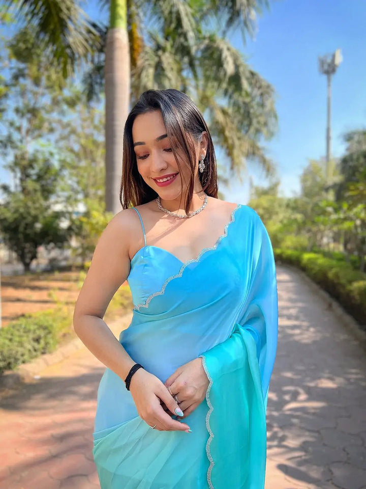 Aqua Blue Ombré Organza Saree with Scallop Border