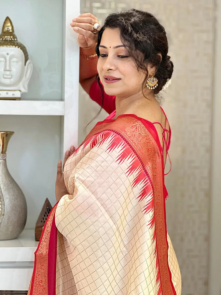 Cream Banarasi Silk Saree with Pink Zari Border & Check Weave