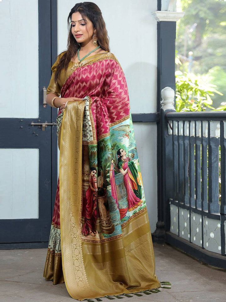 Designer Gold & Maroon Banarasi Silk Saree with Traditional Madhubani Art Print