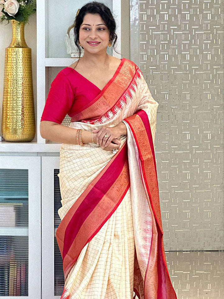 Cream Banarasi Silk Saree with Pink Zari Border & Check Weave