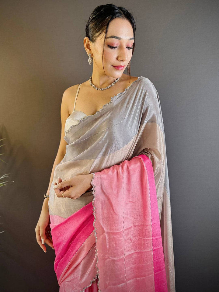 Grey & Pink Dual Tone Silk Saree with Scallop Border