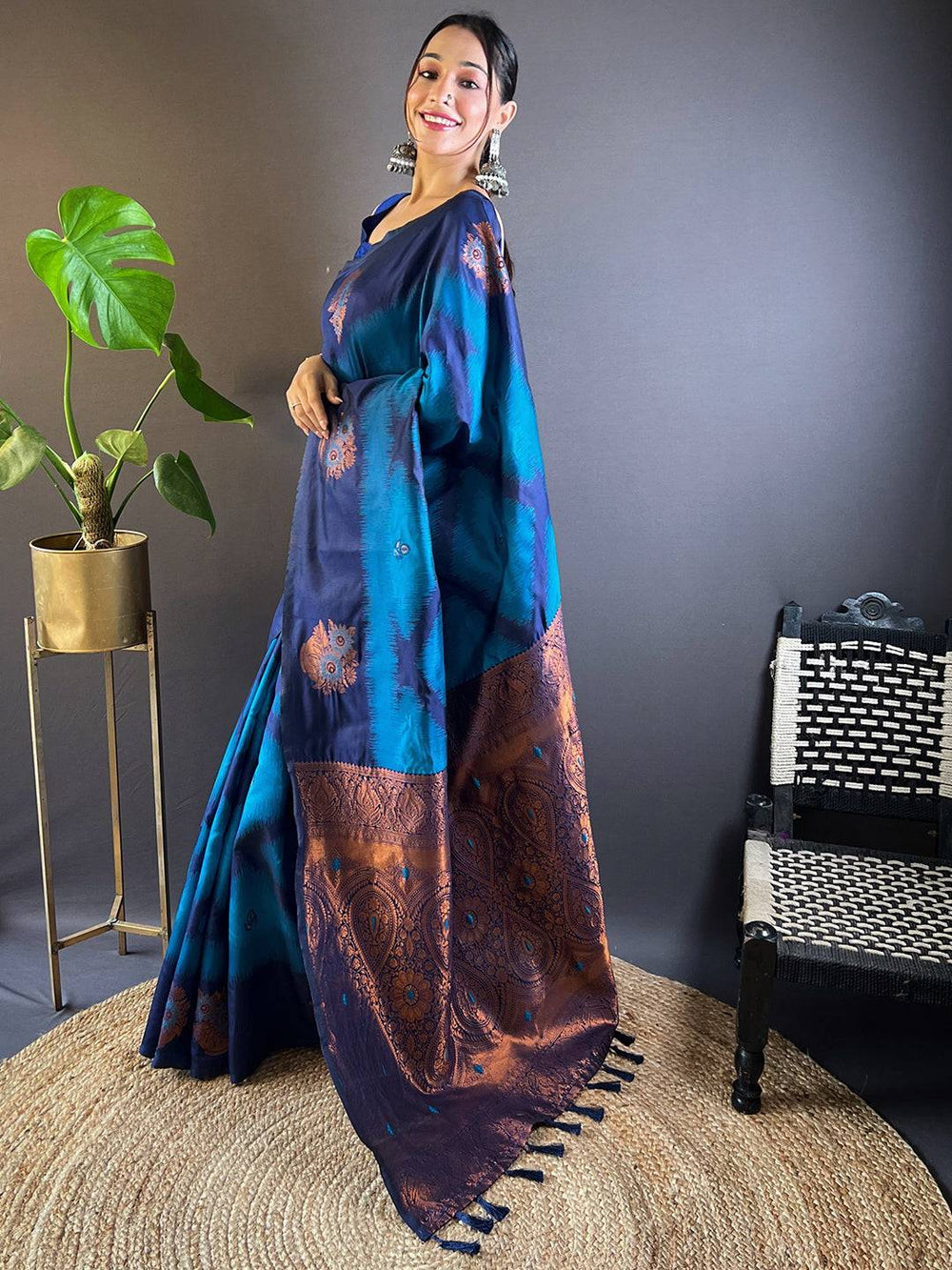 Navy Blue & Teal Soft Silk Saree with Copper Zari Weaving