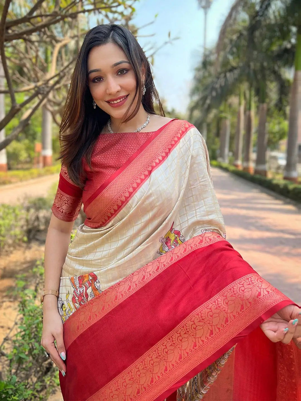 Cream & Red Banarasi Silk Saree with Mythological Print & Rich Zari Border