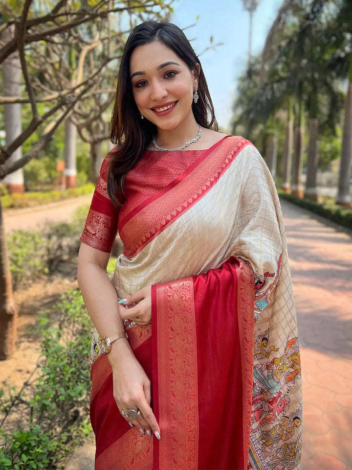Cream & Red Banarasi Silk Saree with Mythological Print & Rich Zari Border