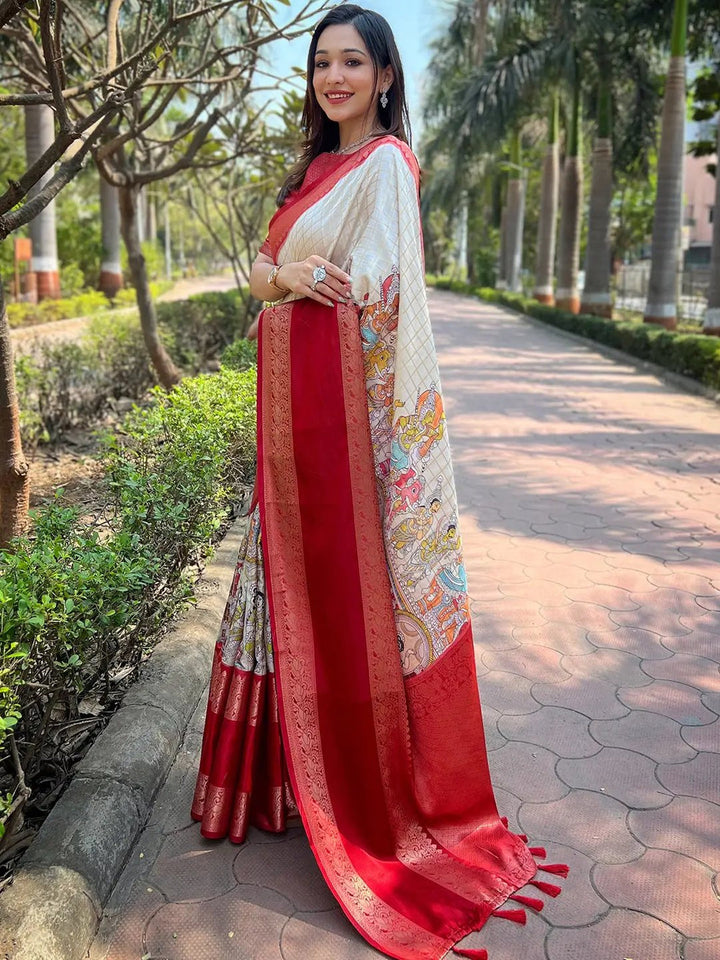 Cream & Red Banarasi Silk Saree with Mythological Print & Rich Zari Border