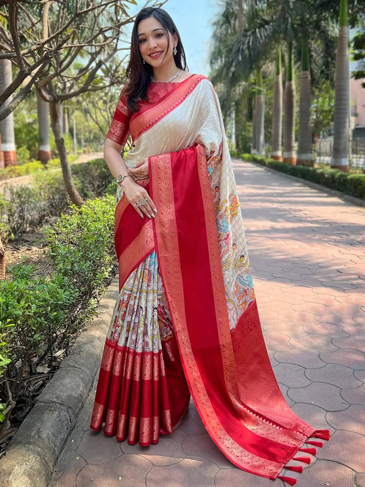 Red & Cream Soft Silk Saree for Women with Traditional Madhubani Print