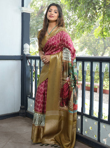 Designer Gold & Maroon Banarasi Silk Saree with Traditional Madhubani Art Print