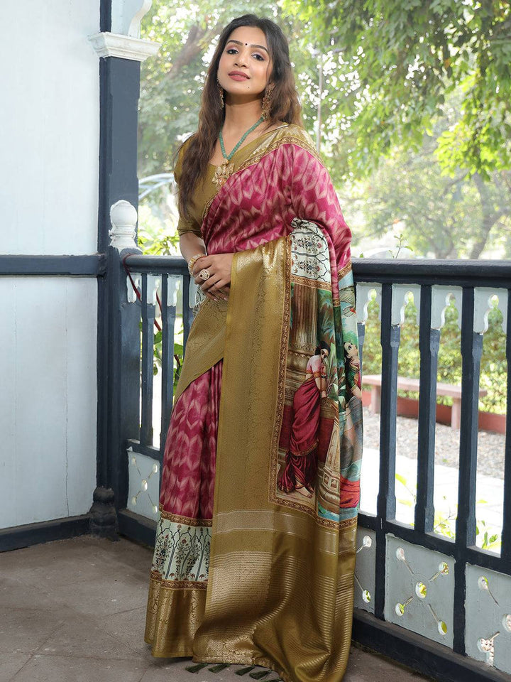 Designer Gold & Maroon Banarasi Silk Saree with Traditional Madhubani Art Print