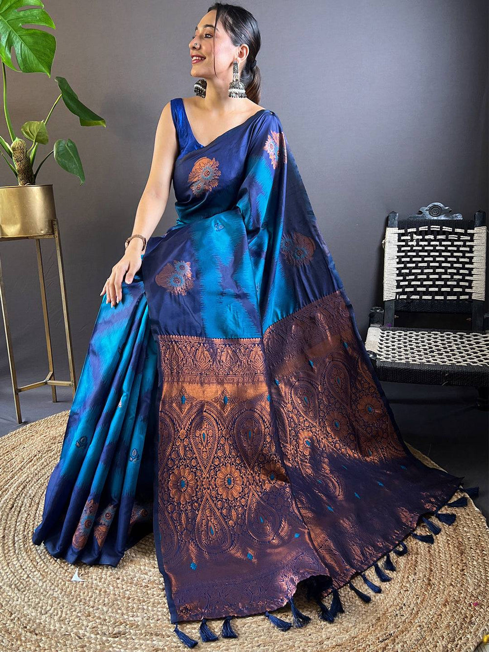 Navy Blue & Teal Soft Silk Saree with Copper Zari Weaving