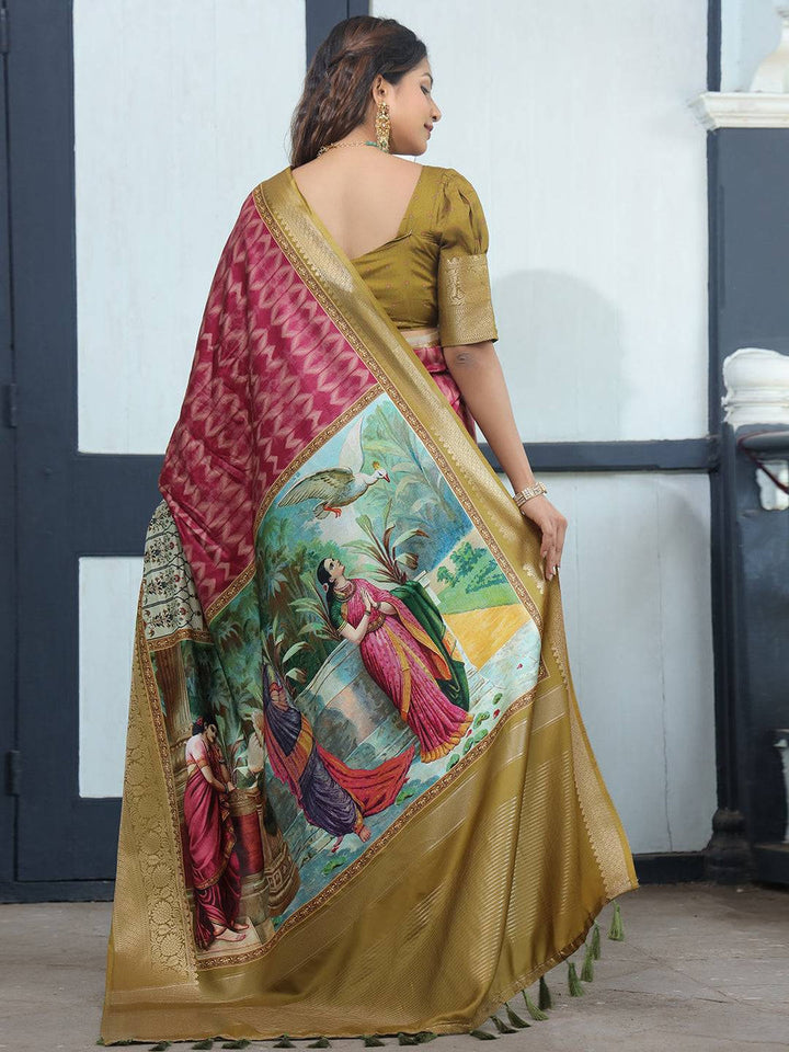 Designer Gold & Maroon Banarasi Silk Saree with Traditional Madhubani Art Print