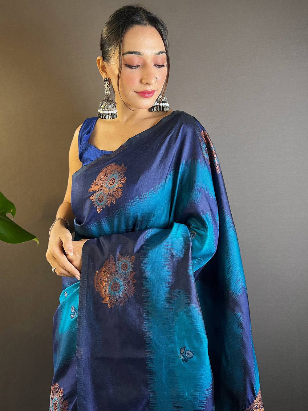Navy Blue & Teal Soft Silk Saree with Copper Zari Weaving