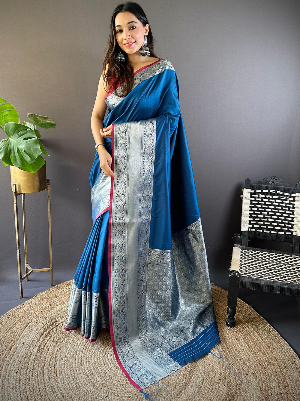Teal Blue Soft Silk Saree with Silver Zari Weaving & Contrast Pink Border