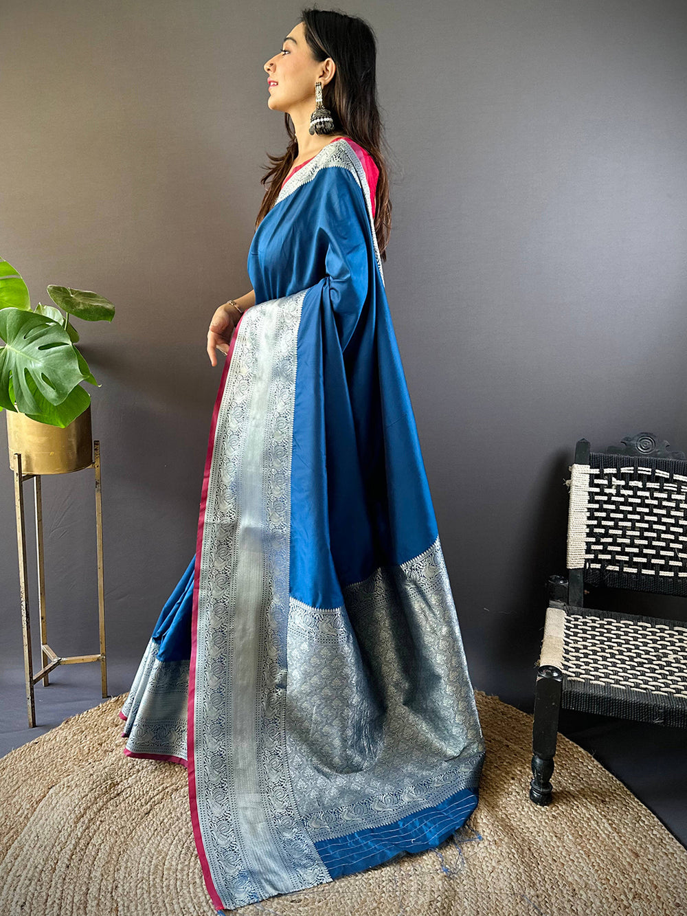 Teal Blue Soft Silk Saree with Silver Zari Weaving & Contrast Pink Border