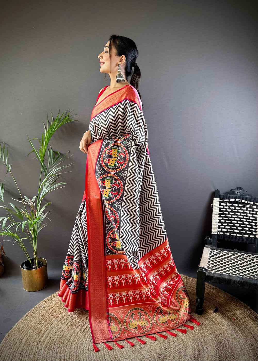 Black & White Zigzag Printed Silk Saree with Red Patola Motif Border