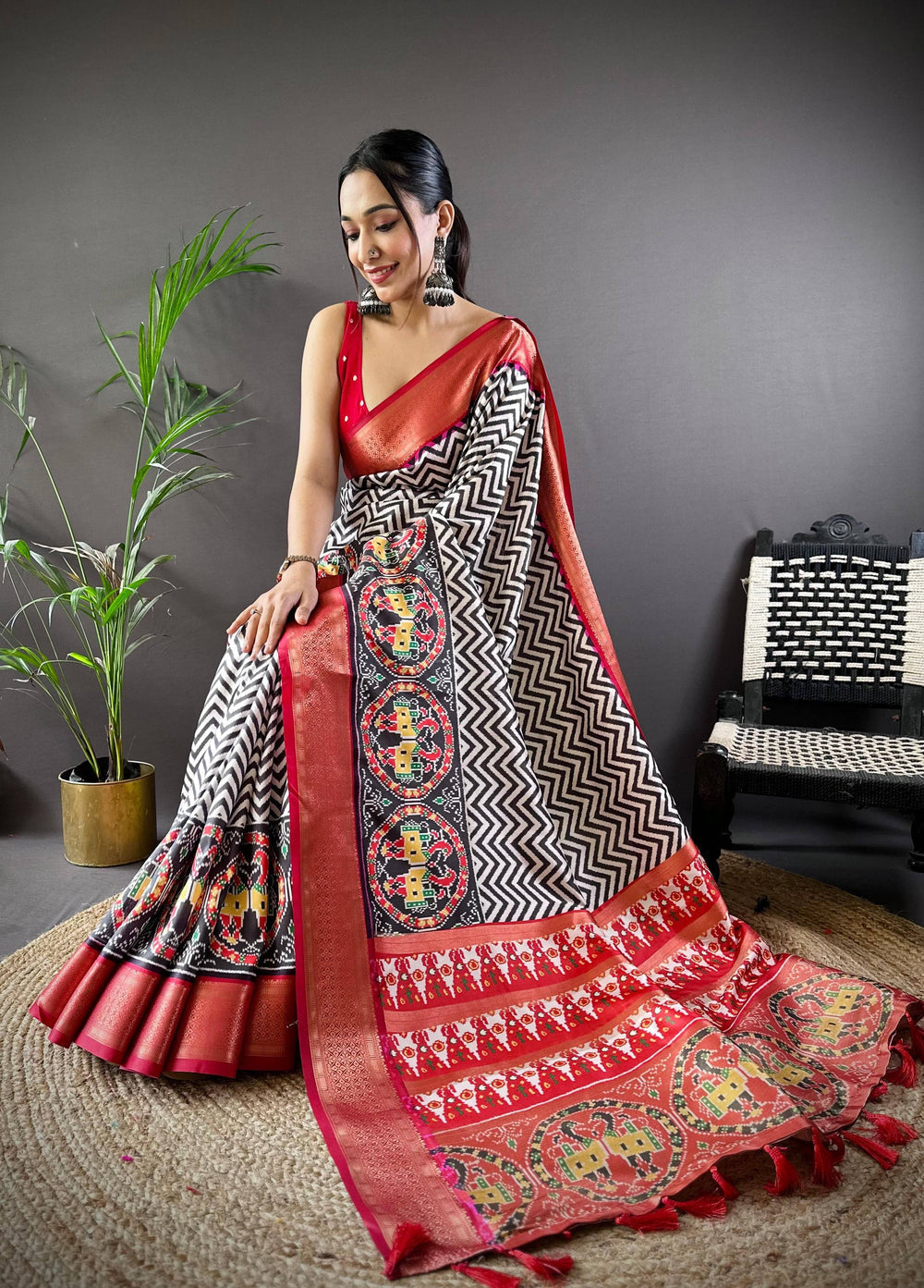 Black & White Zigzag Printed Silk Saree with Red Patola Motif Border