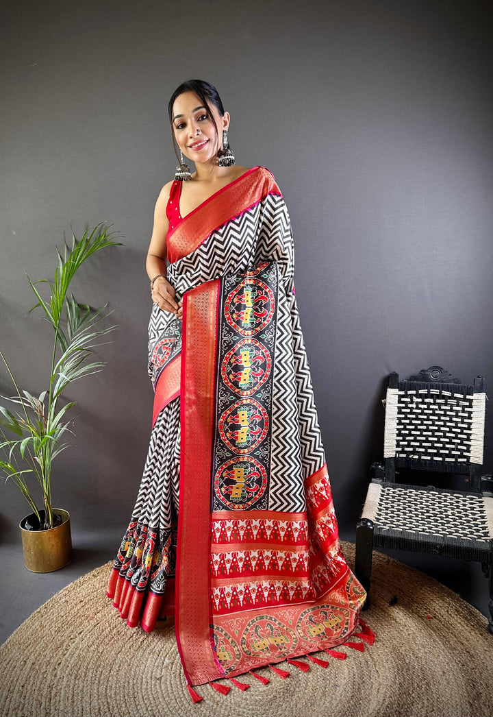 Black & White Zigzag Printed Silk Saree with Red Patola Motif Border