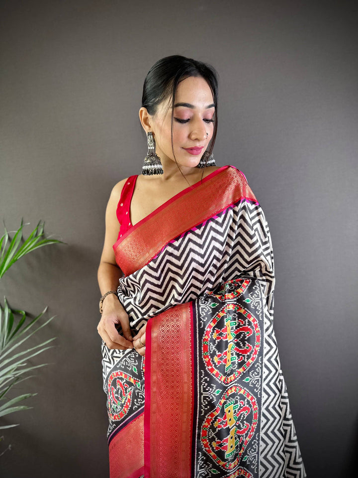 Black & White Zigzag Printed Silk Saree with Red Patola Motif Border
