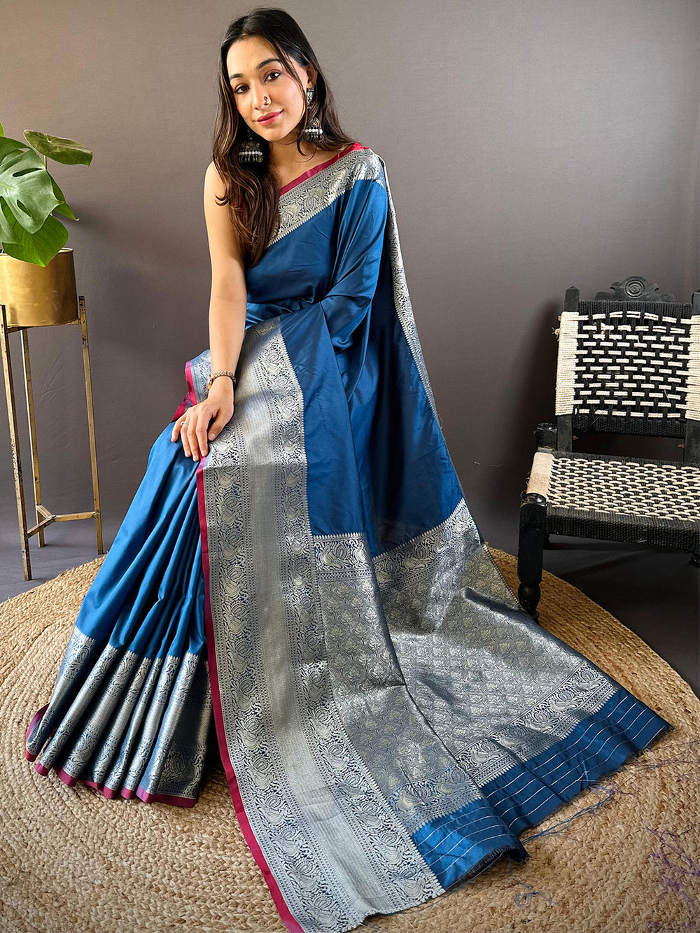 Teal Blue Soft Silk Saree with Silver Zari Weaving & Contrast Pink Border