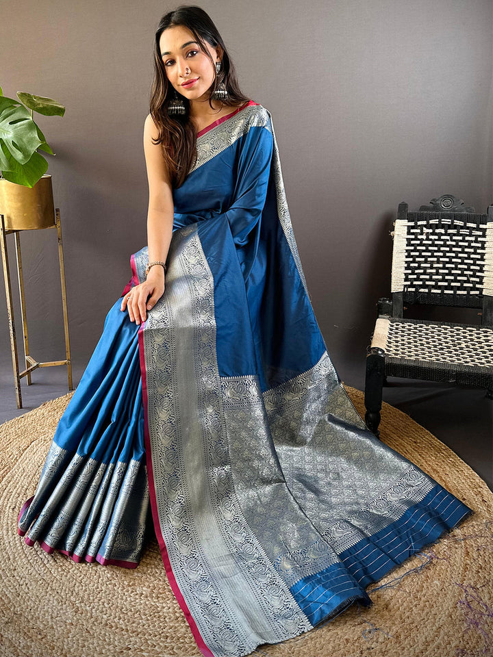 Teal Blue Soft Silk Saree with Silver Zari Weaving & Contrast Pink Border