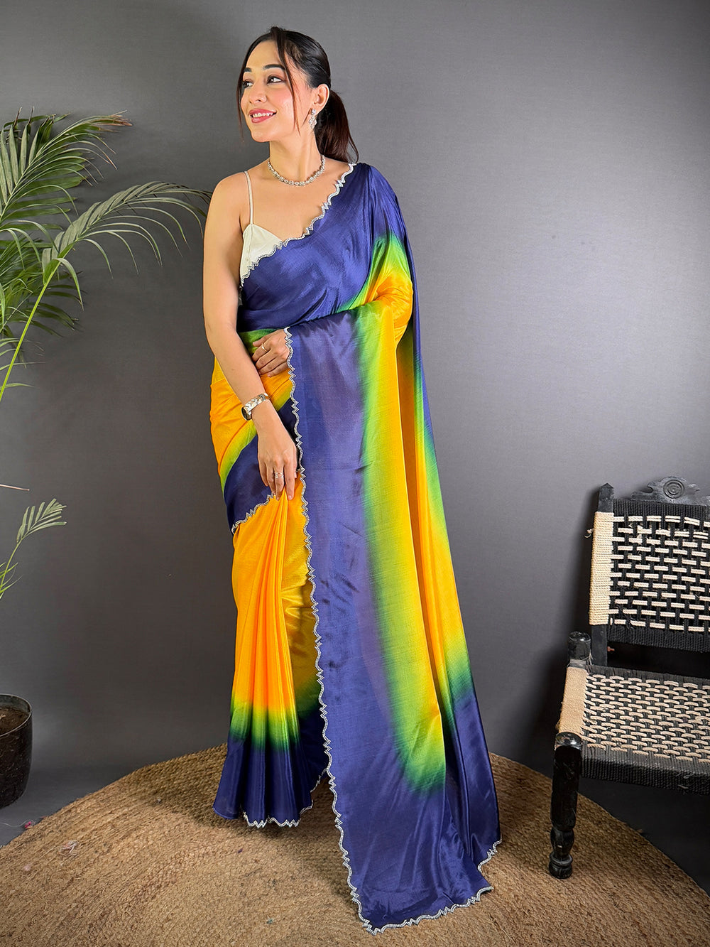 Navy Blue & Yellow Ombre Satin Silk Saree with Contrast Shaded Effect