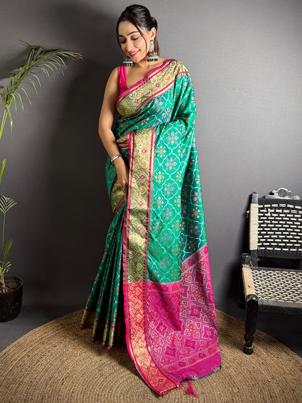 Green & Pink Patola Banarasi Silk Saree with Rich Zari Weaving