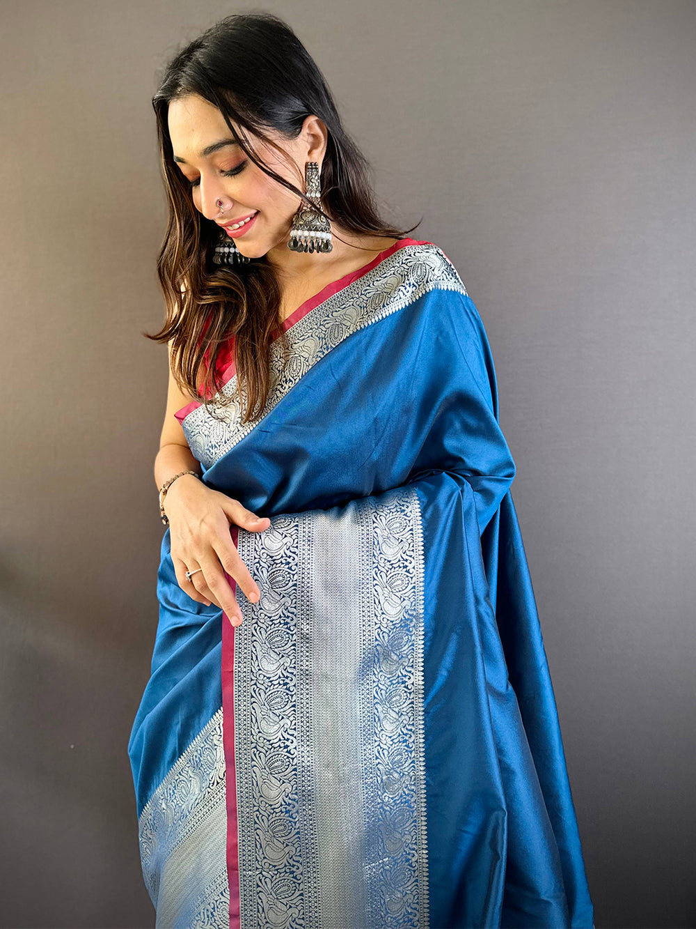 Teal Blue Soft Silk Saree with Silver Zari Weaving & Contrast Pink Border
