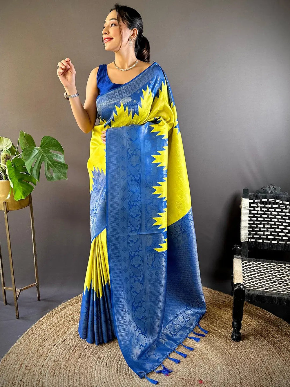 Royal Blue & Yellow Banarasi Silk Saree with Contrast Weaving